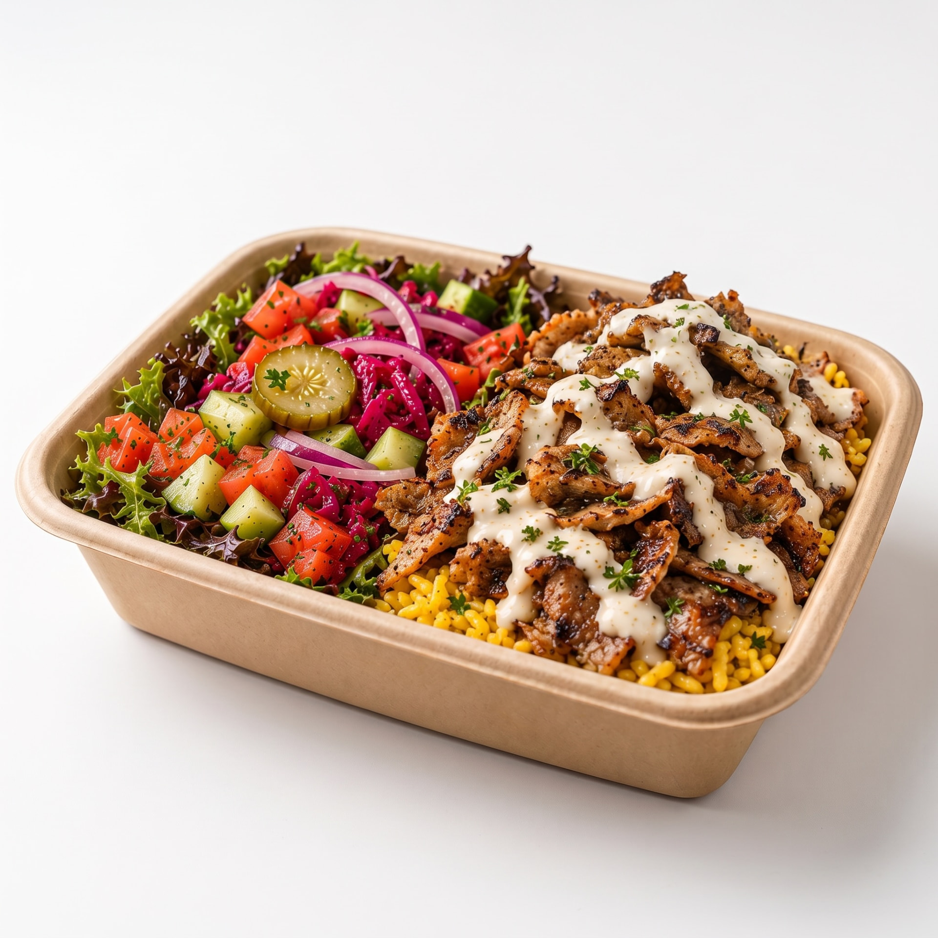 Gyro bowl with lamb and beef, basmati rice, salad and tzatziki