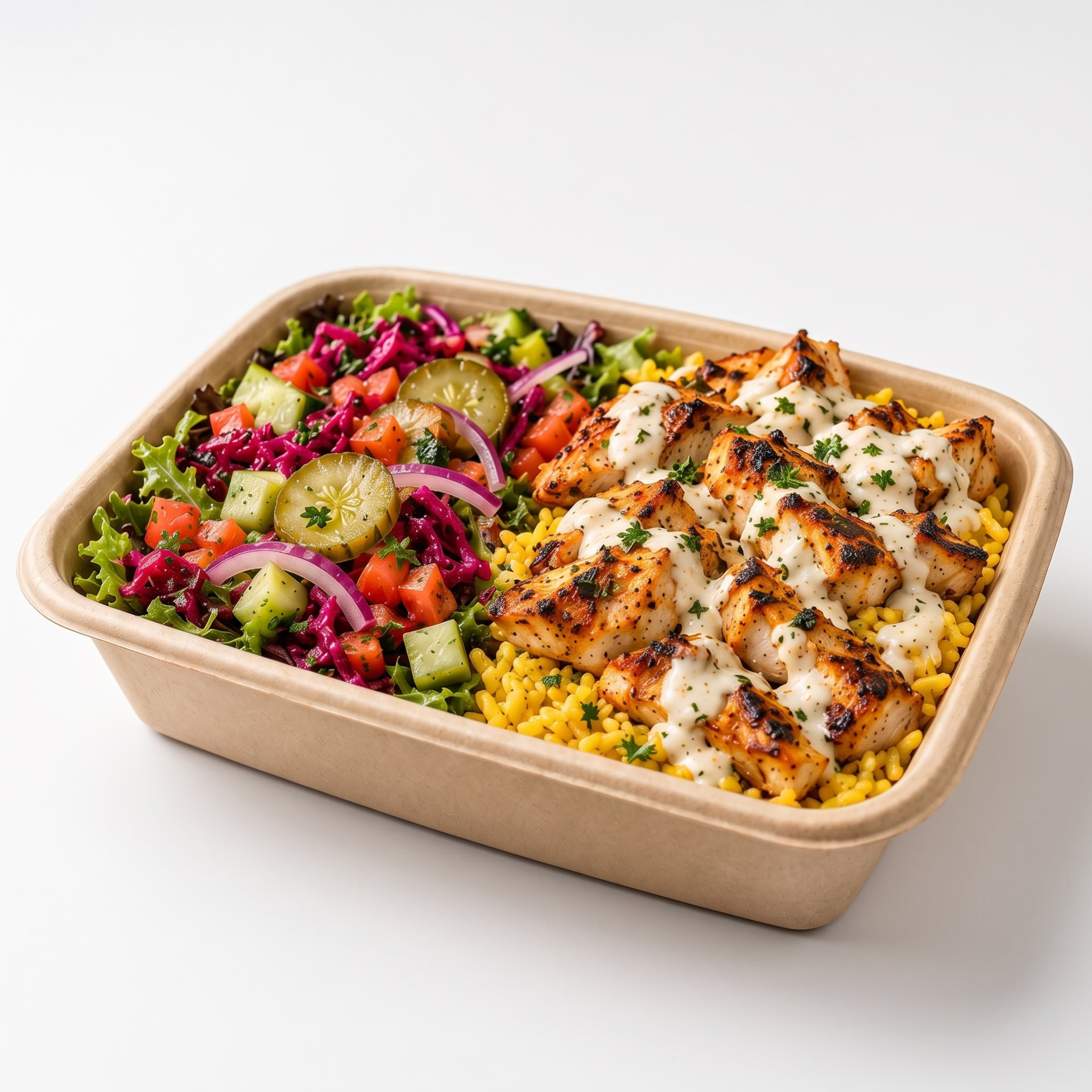 Zaki chicken bowl with rice, salad and garlic sauce
