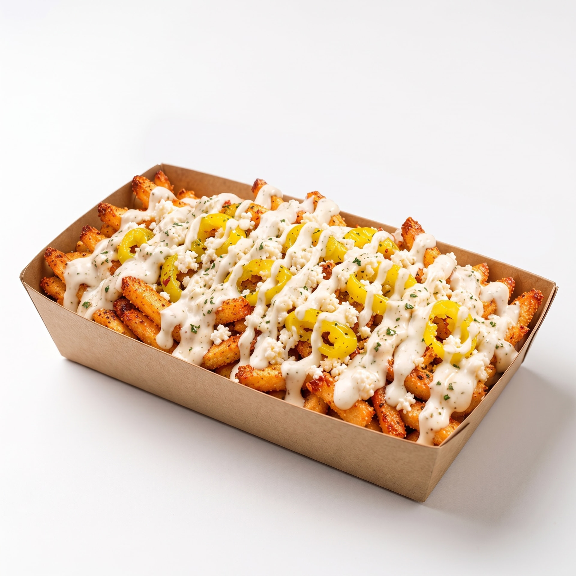 Zaki fries topped with feta, banana peppers and garlic sauce