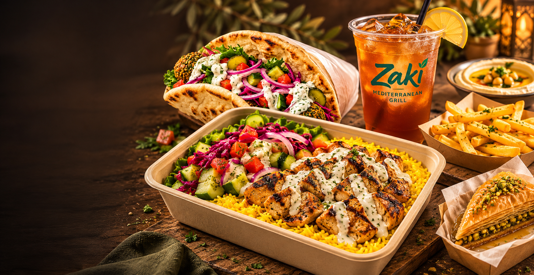 Zaki chicken rice bowl in the foreground with a pita wrap, Zaki cup, fries and baklava